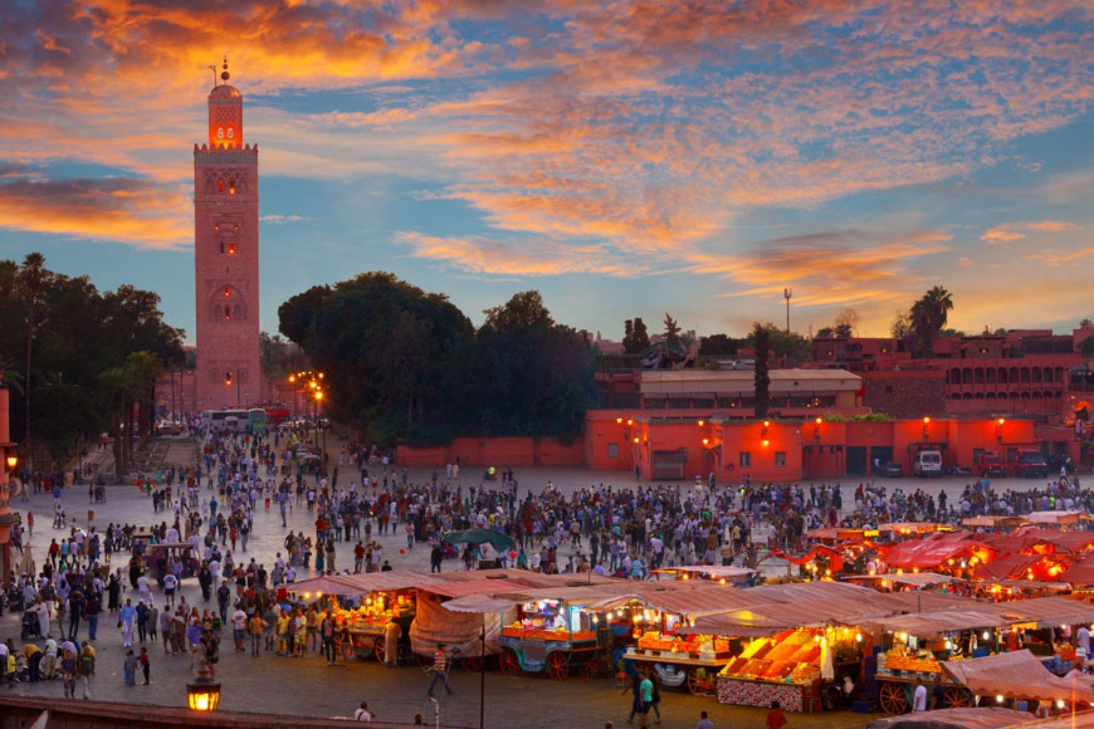 Jemaa el-Fna square and Koutoubia Mosque in Marrakech at sunset